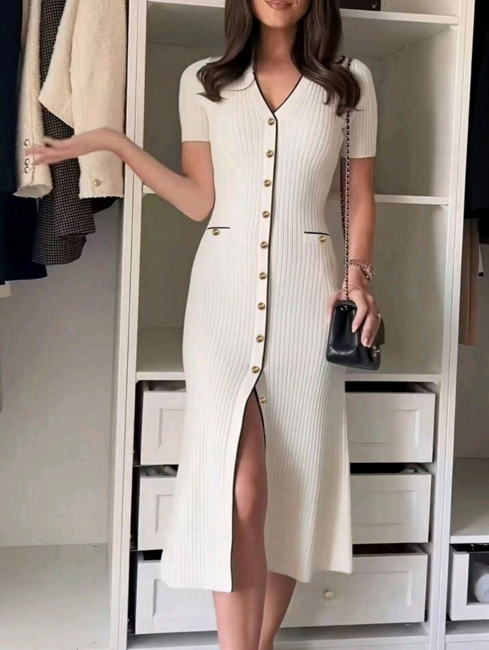 Women's Summer/Autumn Elegant Casual Sweater Dress, Contrast Trim Refined Dress - Picture 3 of 5